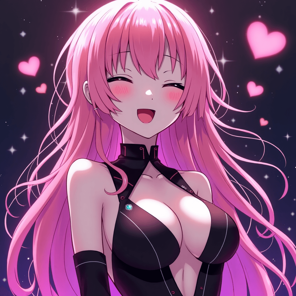 Megurine Luka, vocaloid, succubus attire, anime style, nightclub, bending, eyes closed, open mouth, hearts, pink straight hair, open outfit, purple light, blush
