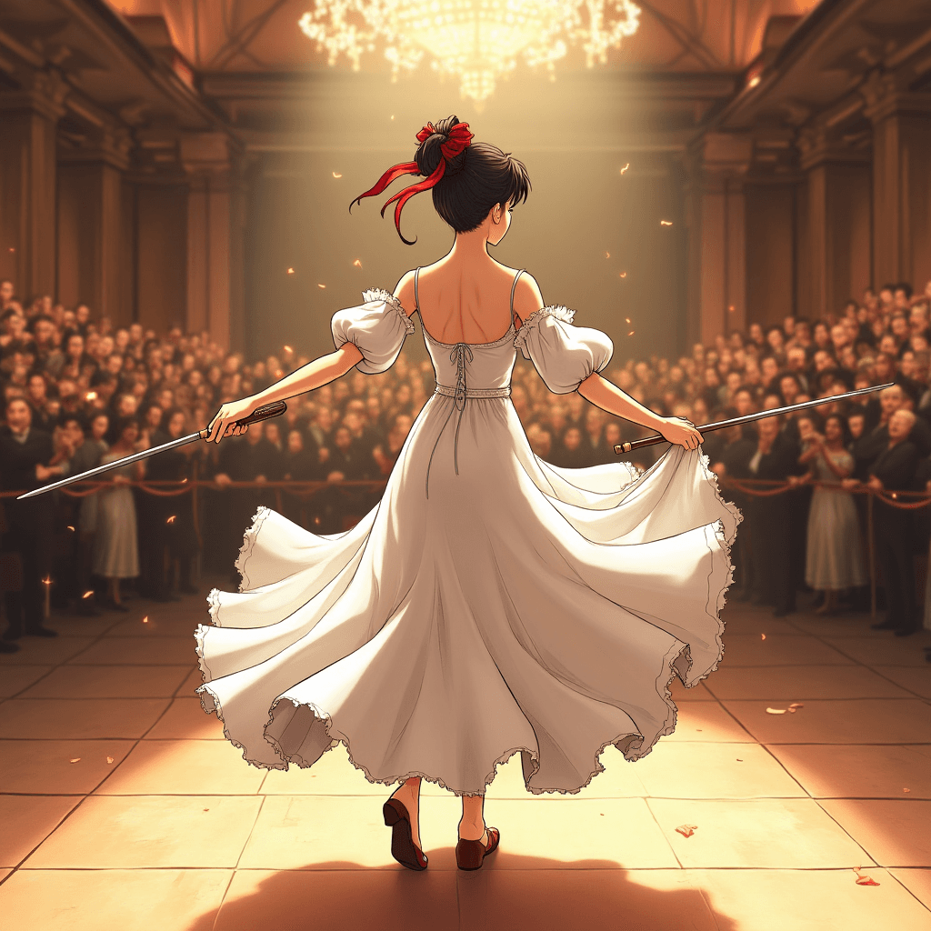 Anime girl in white dress and torned skirt holding a rapier, she's dancing in middle of ballroom with flamenco played. Picture taken from her back, showing elegance and epic moment under the indoor lights. She drawn as Japanese anime girl in Makoto Shinkai art style.