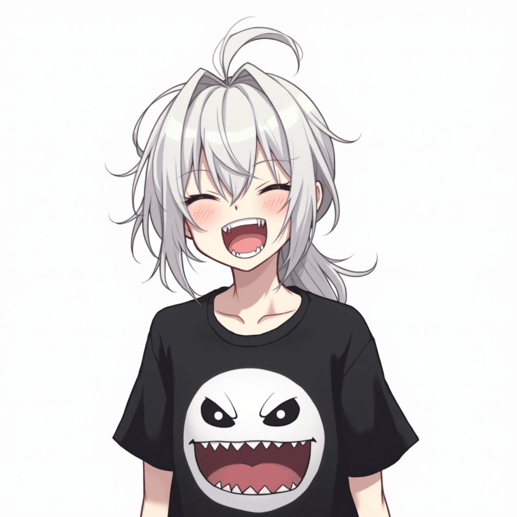 An anime-style girl with messy white hair that covers their eyes and is tied back in a loose ponytail. The character is smiling widely, showing sharp teeth. They are wearing a black short-sleeved shirt featuring a large circular logo with a similar wide-mouthed face on it. The character's expression is playful and mischievous, with a simple background that keeps the focus on the character. She has WHITE skin. Like the color White.