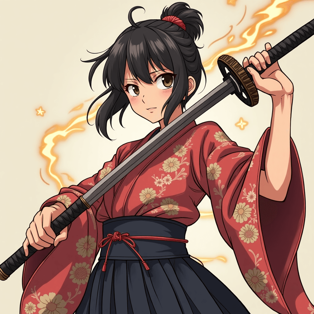 Create an anime character distinguished by their traditional Japanese kimono attire, their hand firmly gripping a mystical sword that resonates with ancient power.