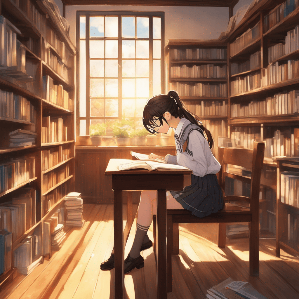 A high school girl is seated at a wooden desk in a cozy, sunlit library, surrounded by tall shelves filled with books. She is engrossed in reading a thick novel, her glasses slightly slipping down her nose. The warm afternoon light pours in through large windows, casting soft shadows on the polished wooden floor. Her school uniform is neat, and her hair is styled in a casual braid. The scene exudes a sense of peaceful concentration and academic curiosity.