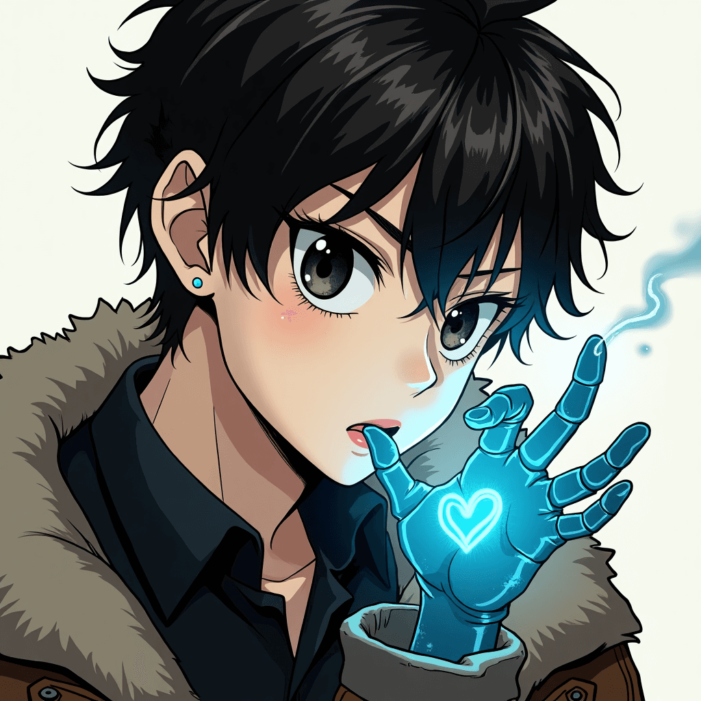 a boy with black eye and cybog left hand
