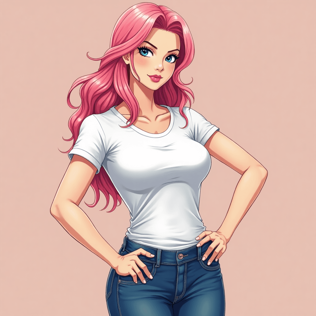 Mature, sexy woman with a nice body. Long pink hair. White T-shirt and jeans that reveal her body. A pose that seduces a man.