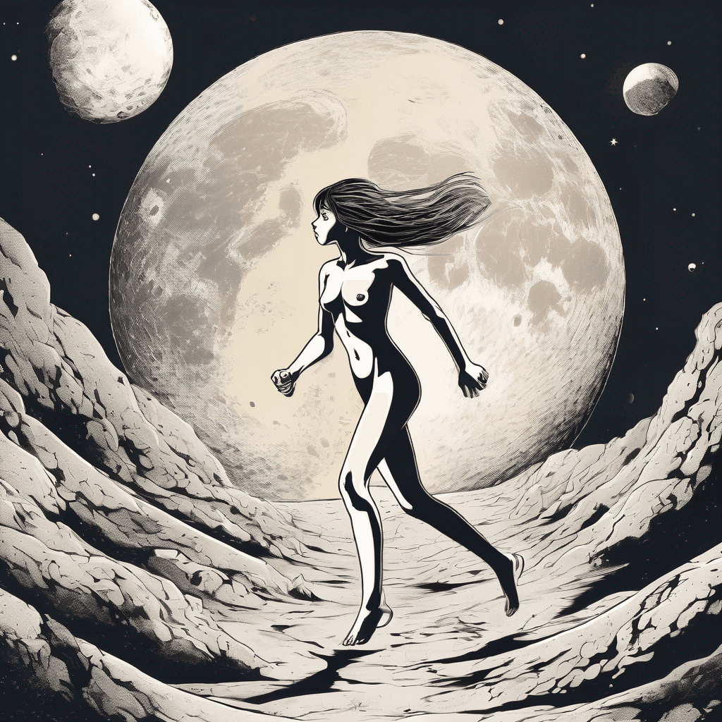 a naked girl running on the moon