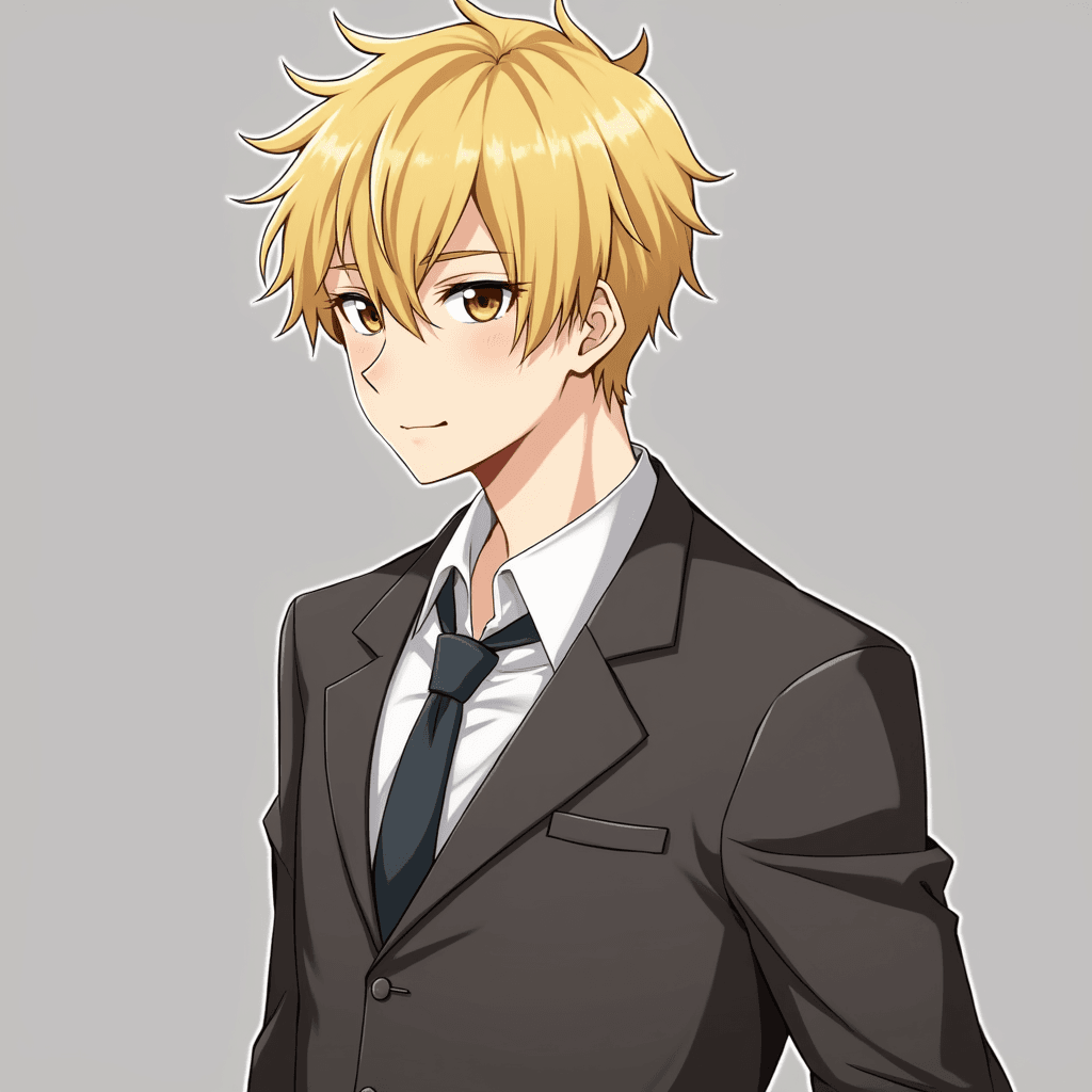 male , adult , short hair , ((cosmic eyes , brown cosmic)) , blonde hair , slight smile , polite , worker suit