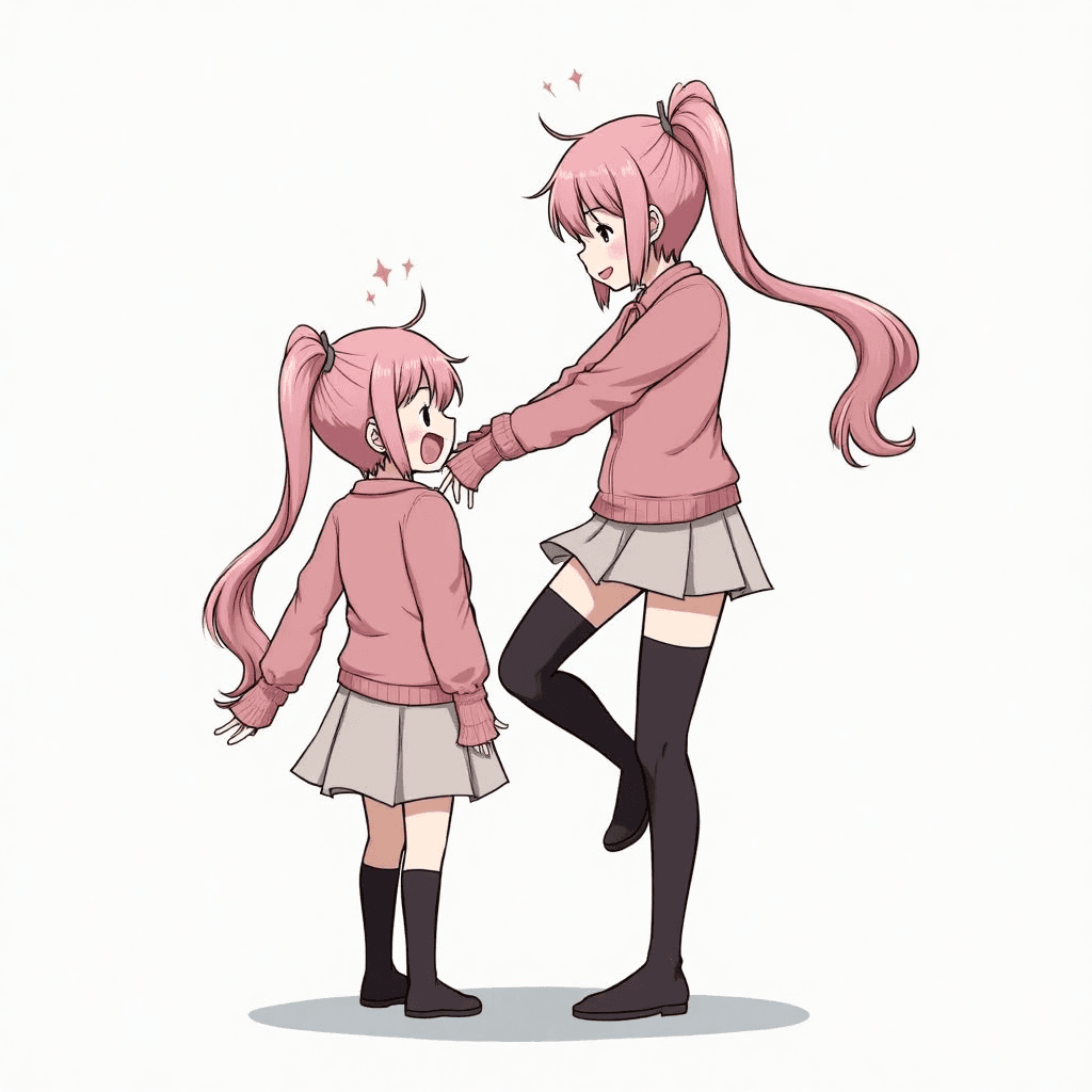 Two girls, both of the same height and wearing black stockings with pink ponytails, one of them is stepping on the other.