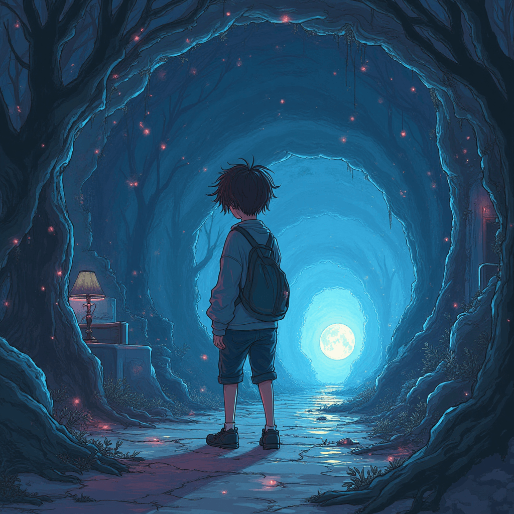 hallucination in a dreamlike scene with a main character as main focus point
