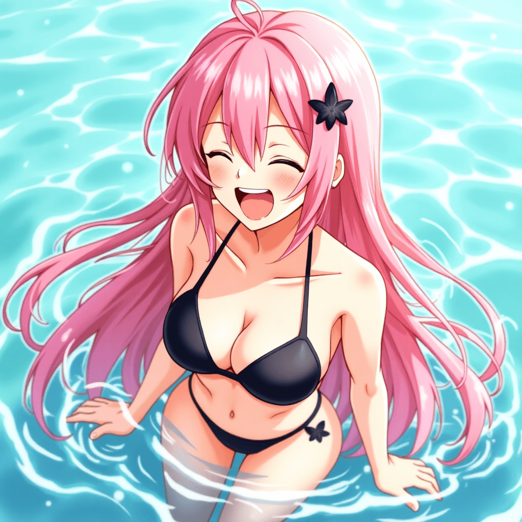 Megurine Luka, vocaloid, anime style, laughing, water splashes, pink hair, bikini, sunlight