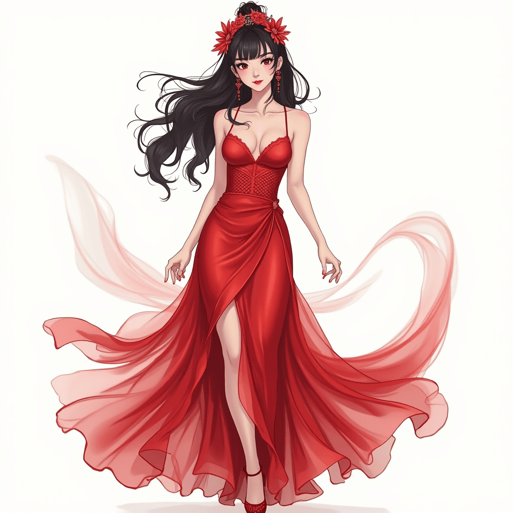 create a goddess in a red dress in white background