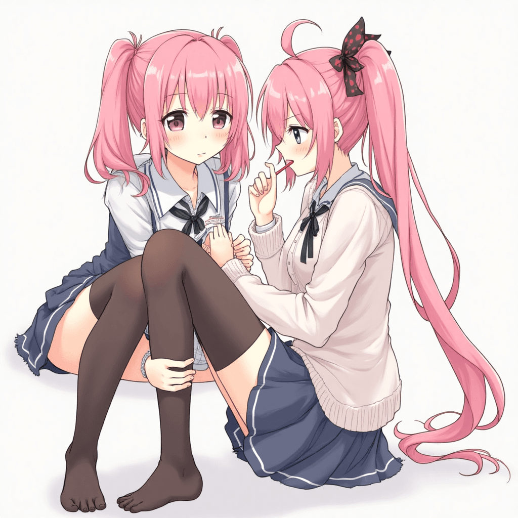 Two girls, both of the same height, with pink ponytails and wearing black stockings, one of them was licking the other's foot.