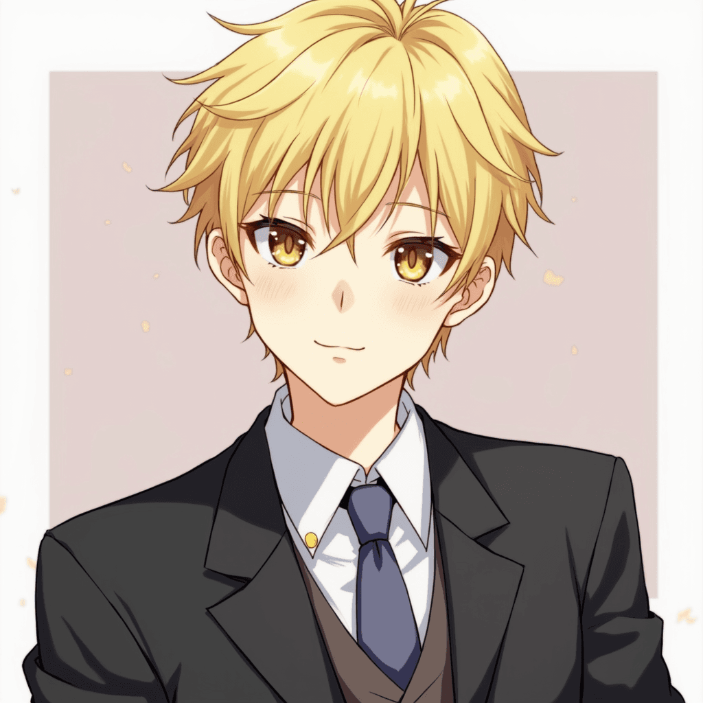 male , adult , short hair , ((cosmic eyes , brown cosmic)) , blonde hair , slight smile , polite , worker suit