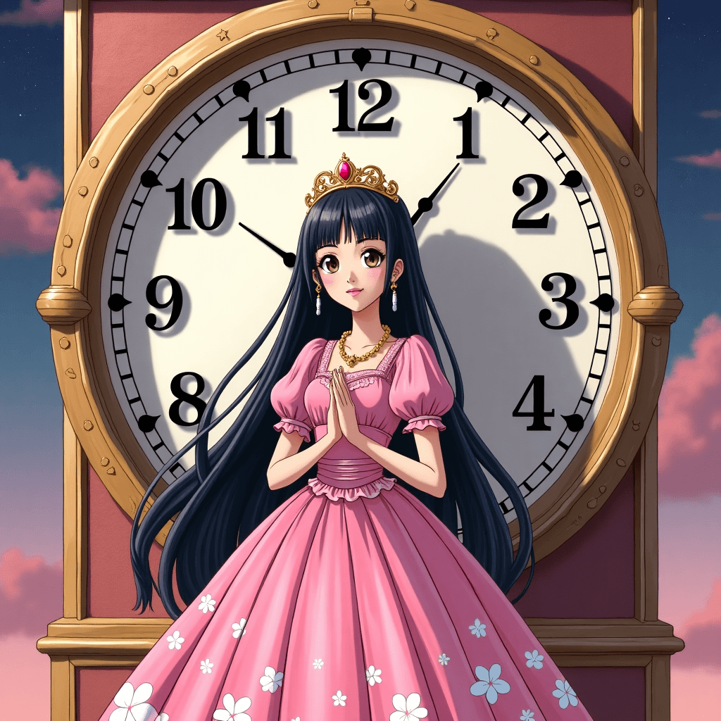 A  Japanese clockwork princess behind a empty wall in magic tower above pink japanses clock  she has black long hair golden and pink tiara  with brown eyes and Pink   space  sci Fi galaxy cottage lolita dress with cherry blossom print and white stars. 