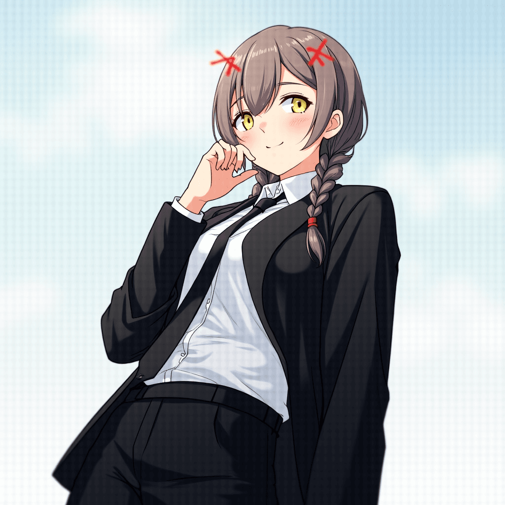 1girl, makima \(chainsaw man\), chainsaw man, black jacket, black necktie, black pants, braid, business suit, fingernails, formal, hand on own chin, jacket on shoulders, light smile, long sleeves, looking at viewer, looking up, medium breasts, office lady, smile, solo, suit, upper body, white shirt, outdoors, chainsaw man art style,yellow eyes with red rings,