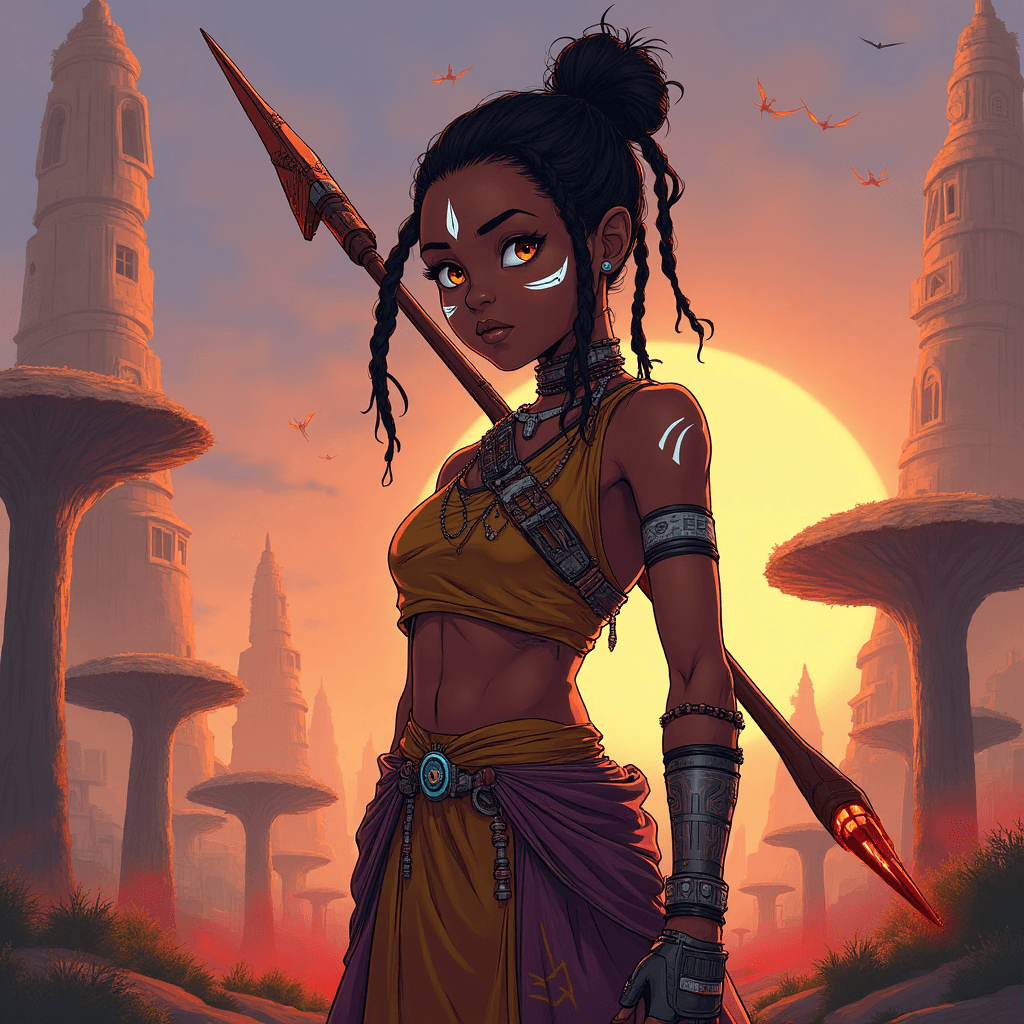 Create a highly detailed anime-style character standing in a vibrant, semi-futuristic African city at sunset. The character is a young warrior (17–20 years old), with deep brown skin, intense amber eyes, and white tribal face markings. They wear a fusion of traditional African attire and tactical armor — colorful fabric wraps combined with sleek tech gear. Their hair is dreadlocked and tied back, with a few beads woven in. They carry a glowing spear on their back, and their expression is calm but focused.
The background shows a blend of nature and advanced architecture — tall buildings shaped like ancient masks, with floating drones and digital billboards, all framed by baobab trees and red dust in the air. The sky is orange-purple, with glowing birds flying through. The style is cinematic, detailed, and vibrant, with soft lighting and dynamic shadows.