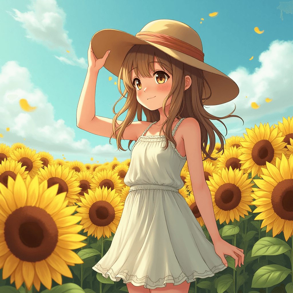 Elaina holding her hat at summer in the middle of sunflower fields