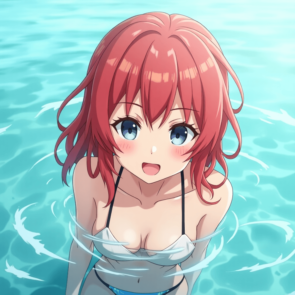 1girl, medium-length messy red hair, soft texture, ends slightly curled, shoulder-length, cold grey-blue eyes, mysterious and detached expression, calm face, kuudere style, vocaloid, view from below, anime style, still sea, laughing, water splashes, bikini, sunlight