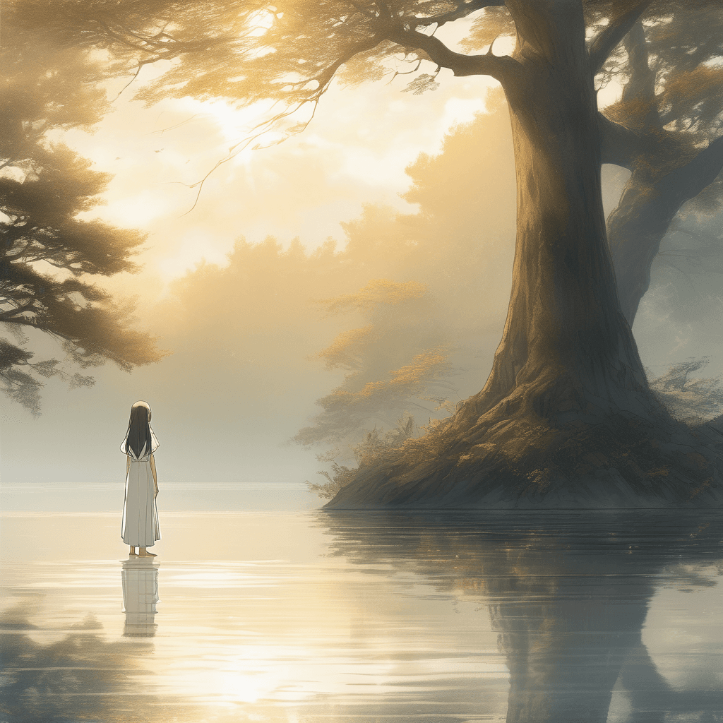 An ethereal young girl standing at the edge of a serene, mist-covered lake, surrounded by ancient, towering trees. The early morning sunlight filters through the leaves, casting a golden glow on the scene. Her flowing white dress gently sways in the breeze, and she gazes thoughtfully across the water, where the distant mountains rise majestically against the dawn sky. The scene evokes a sense of timeless beauty and quiet contemplation.