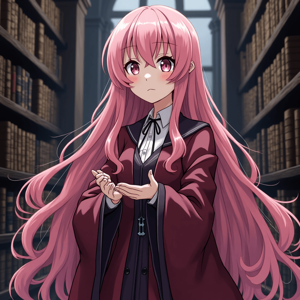 Megurine Luka, vocaloid, anime style, ancient library, confused, potion miasma, pink hair, college robe, grim light