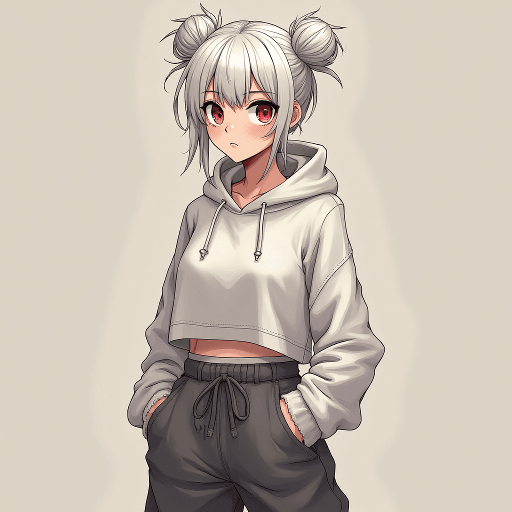 1girl,skinny waist,white hair,tired eye,tall,mid 20s,red eye,messy bun hair,8k,full detail,pretty,cell shade,baggy pants,croptop hoodie,muture woman
