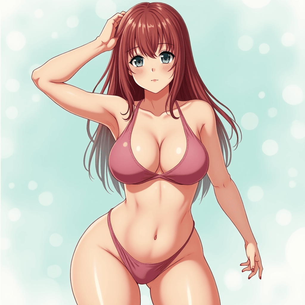 Anime Girl curvy body in a transparent swimsuit and slim waist, flexible, voluptuous breasts and buttocks 18+