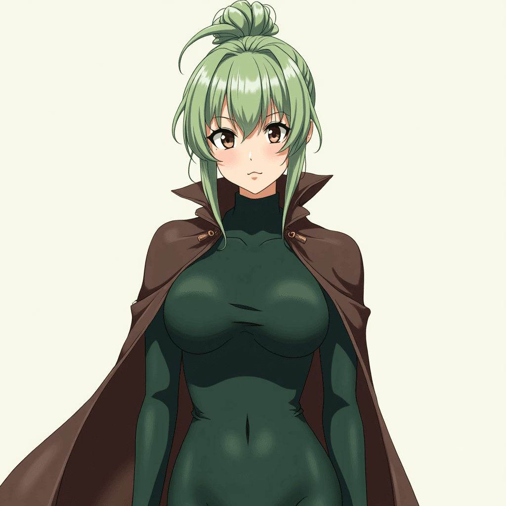 A full body portrait of a 30 year old female anime character. She has light green hairs which has been pulled back in form of a high bun with some strands hanging as bangs. She has brown eyes and she wears a dark brown colored short lenght cape and the cape has high neck. She also wears a skin tight dark green colored spandex like clothing which covers her whole body including legs