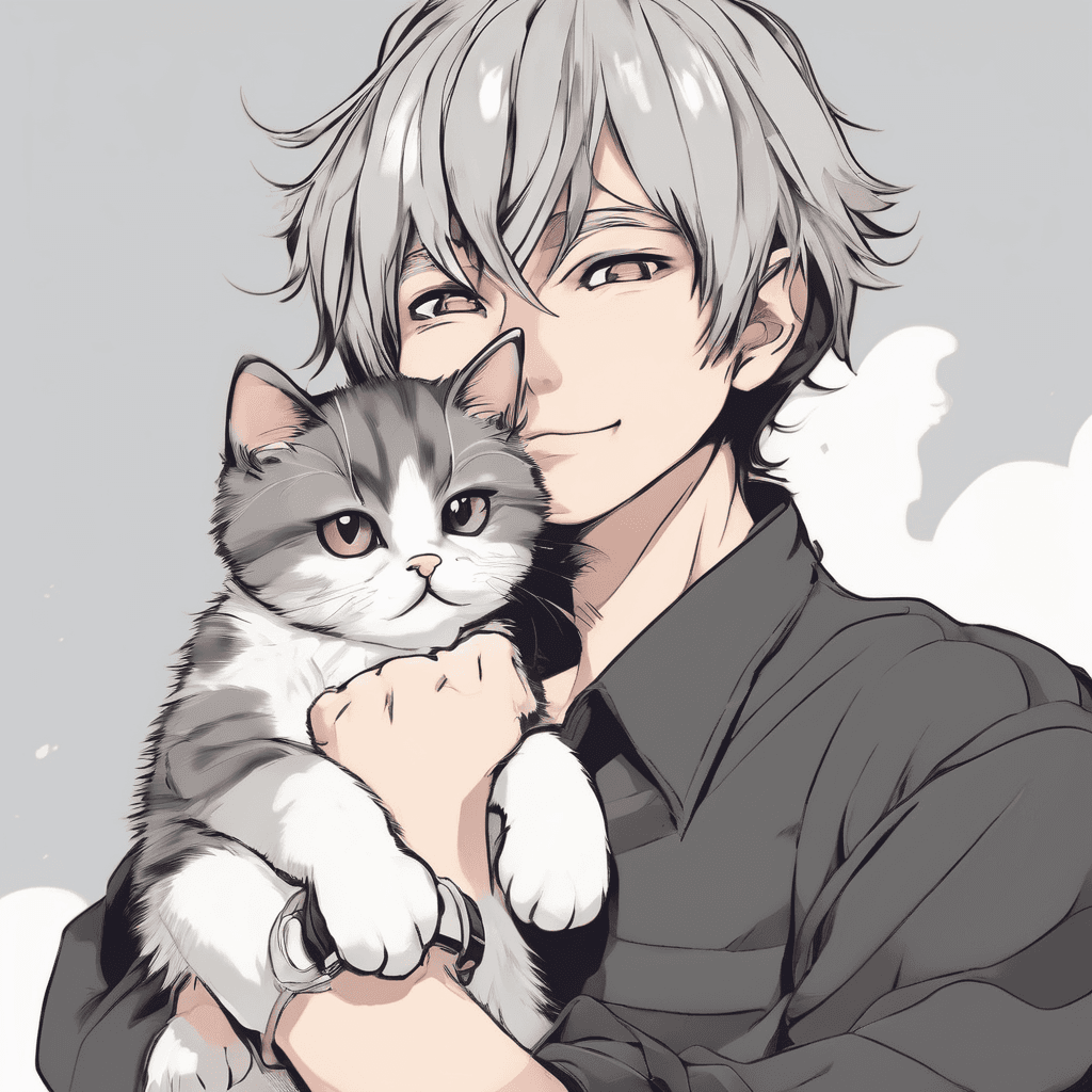 a cute cat sit on his master's shoulder