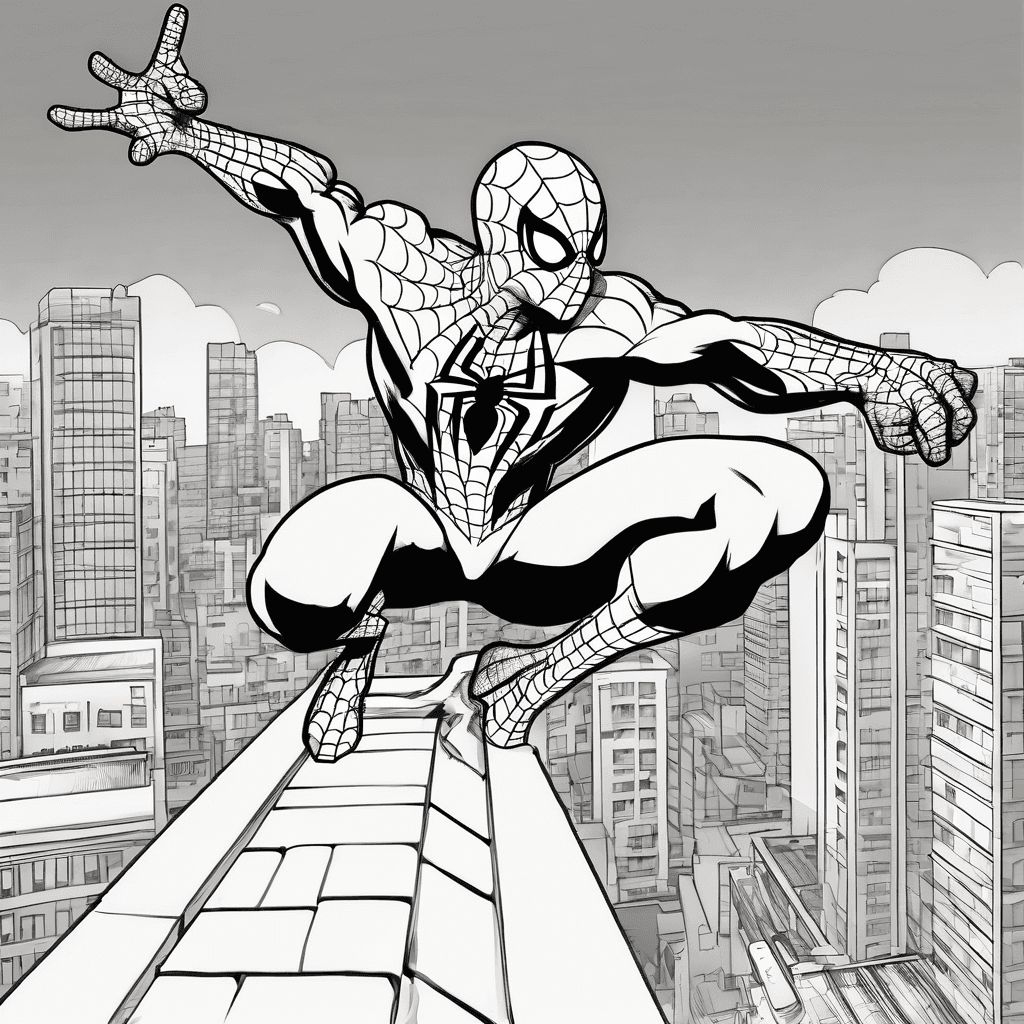 Spiderman striking a heroic pose, arms akimbo, standing on a rooftop. Basic outlines suitable for a kids' coloring book, no background details.