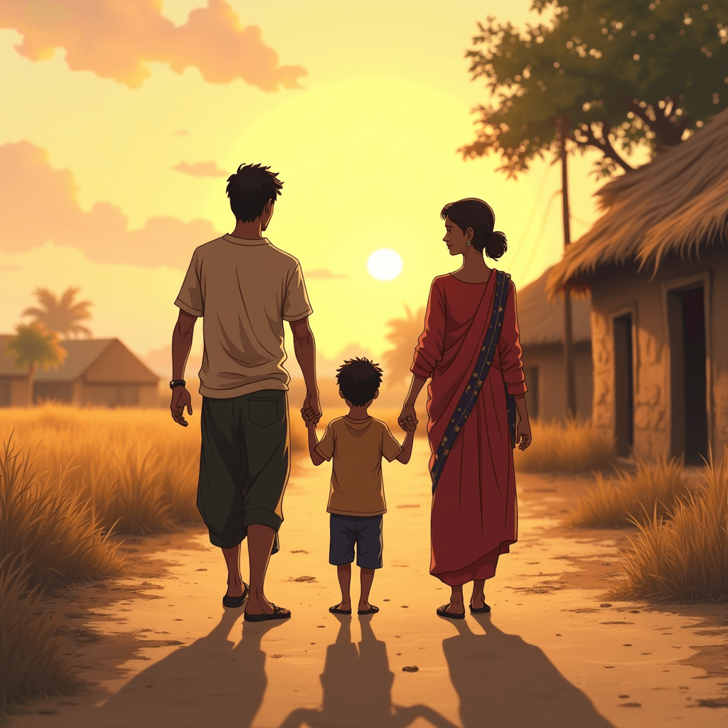 Create an anime-style scene of a poor Indian family—a father, mother, and young boy—walking together side by side on a dusty road outside a rural village. The father walks on one side, the mother on the other, and the young boy holds both their hands as they walk in unison. The family is wearing simple, worn clothes, and the background shows dry fields and village huts with a setting sun casting long shadows. The scene evokes warmth and emotional resilience, with soft, golden lighting typical of anime storytelling.