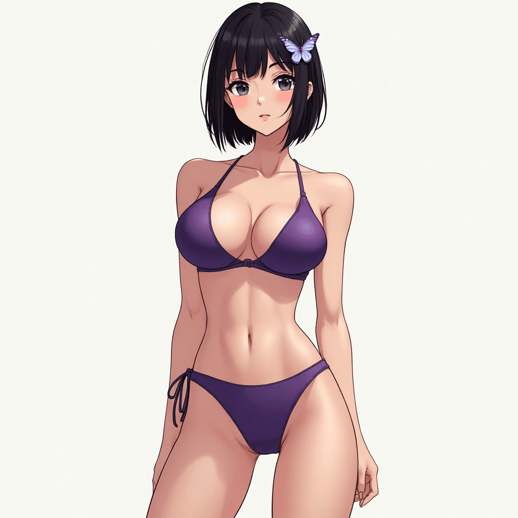 1girl, standing straight like a mannequin, full body, wearing a purple sling shot micro bikini, extremely large breasts, gigantic breasts, breast size equal to character's head, massive bosom, breasts separated, very slim waist, slightly wide hips, extremely long slender legs, unrealistic proportions, photorealistic lighting, realistic skin texture, chin-length dark hair, straight bangs, short bob cut, butterfly hair ornament, butterfly hairpin, hair accessory shaped like butterfly, worn behind head, high detail, no bra,master piece,4k,high quality
