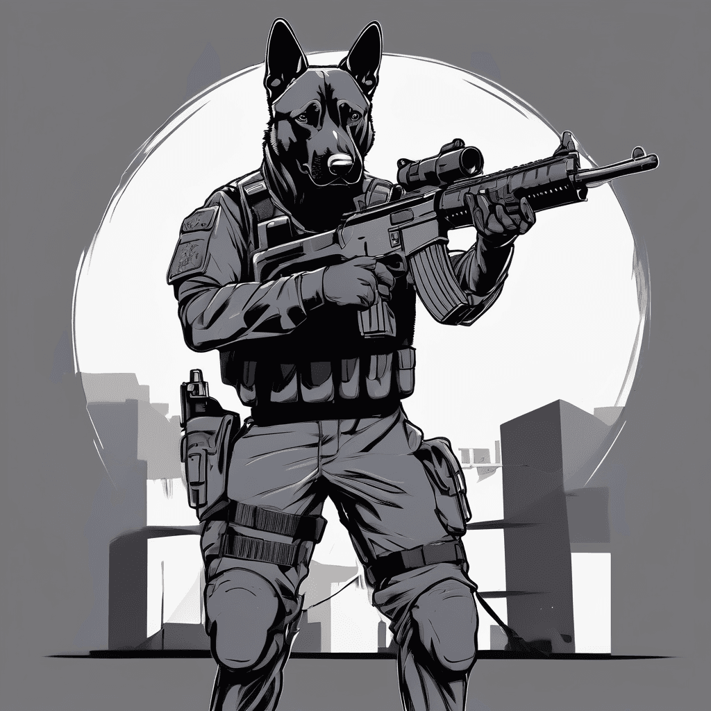 a swat dog hold a gun