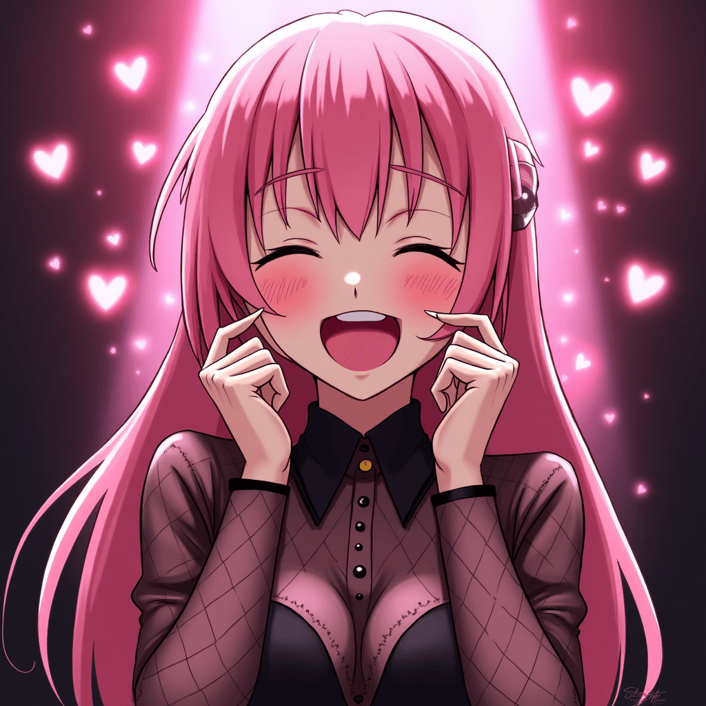 Megurine Luka, vocaloid, anime style, nightclub, bending, breast squash, eyes closed, open mouth, hearts, pink straight hair, succubus outfit, pink light, blush
