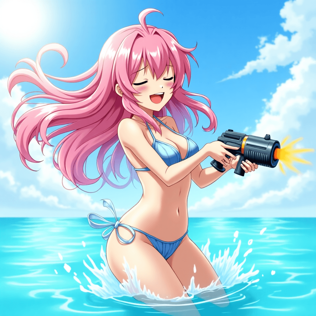 Megurine Luka, vocaloid, anime style, shooting a water blaster, still sea, laughing, water splashes, pink hair, bikini, sunlight