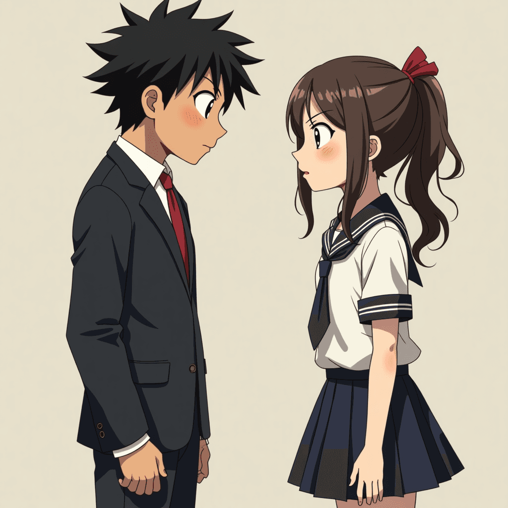 a guy who is a bully standing in front of a girl who is also standing in front of the guy looking at him in a smug face while they preparing for a fight in a uniforms outfit