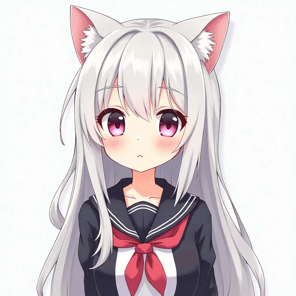 cute girl with cat ears, white hair, school uniform and small breasts