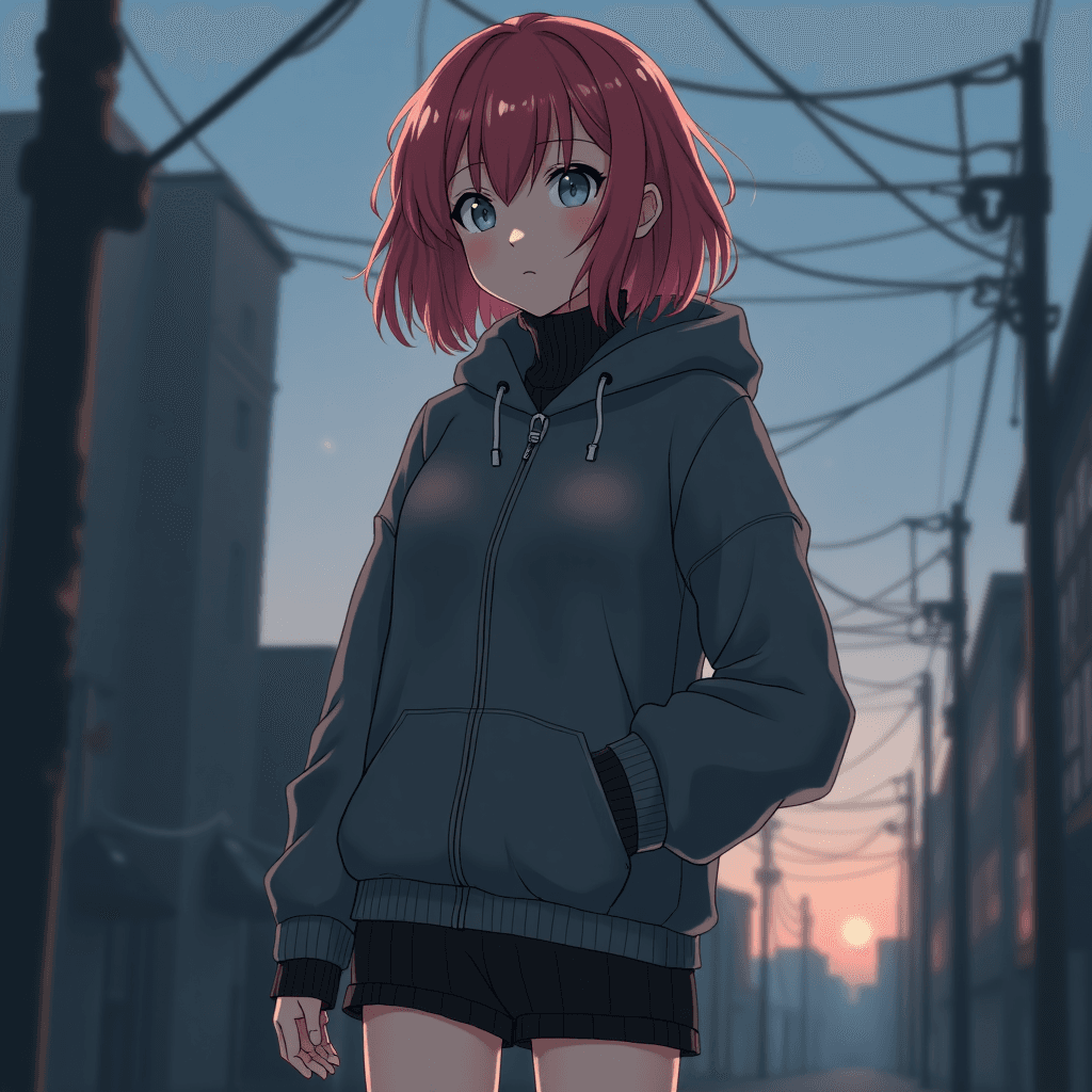 1girl, medium-length messy red hair, soft texture, ends slightly curled, shoulder-length, cold grey-blue eyes, mysterious and detached expression, calm face, kuudere style, wearing dark gray hoodie with high collar, zip-up, snug fit, black knit shorts mid-thigh, warm wool socks, cool evening atmosphere, looking away, relaxed pose, neutral expression, distant look, hints of intelligence and cunning