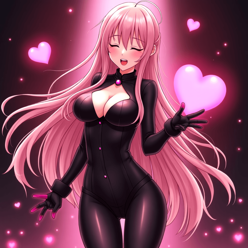 Megurine Luka, vocaloid, anime style, nightclub, bending, breast squash, eyes closed, open mouth, hearts, pink straight hair, succubus outfit, pink light, blush, tall 
