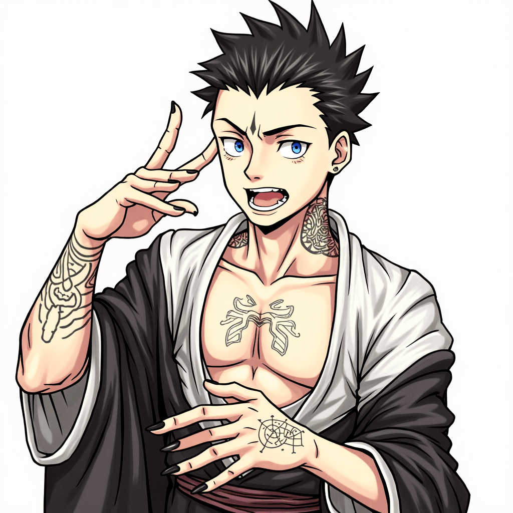 ryoumen sukuna (jujutsu kaisen), 1boy, teeth, chest tattoo, tattoo, abs, extra eyes, male focus, forehead mark, neck tattoo, arm tattoo, undercut, forehead tattoo, black nails, sharp fingernails, japanese clothes, short hair, shoulder tattoo, hair slicked back, fingernails, kimono, body markings, spiked hair, genderswap (mtf), genderswap, 