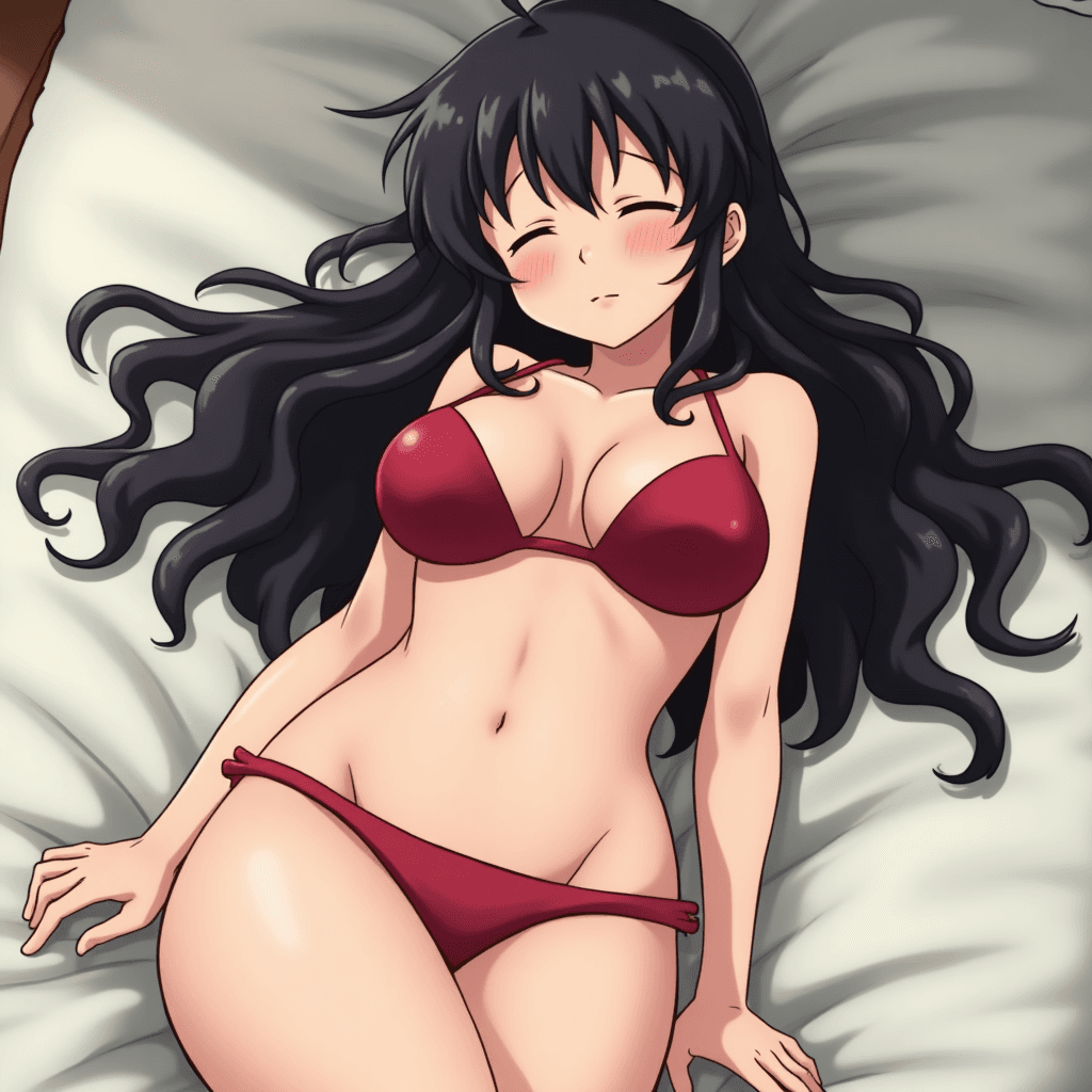 a candid photo of Megumin from Konosuba with HUGE saggy boobs while sleeping. wearing tight bikini. petite body.  wallpaper high quality photo. boobs size 8 times the head, lean abs