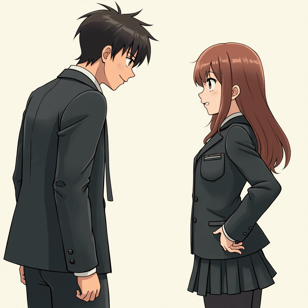 a guy who is a bully standing in front of a girl who is also standing in front of the guy looking at him in a smug face while they preparing for a fight in a uniforms outfit