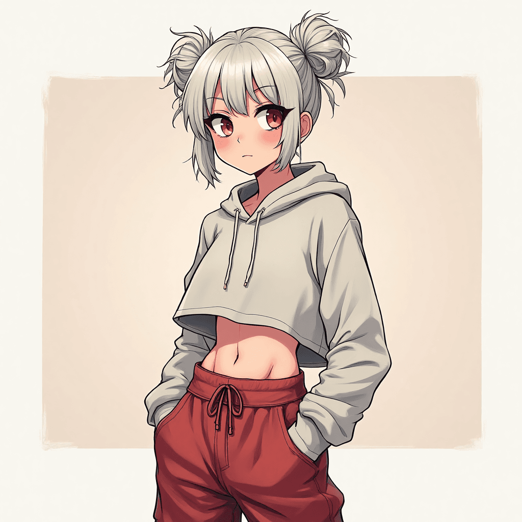 1girl,skinny waist,white hair,tired eye,tall,mid 20s,red eye,messy bun hair,8k,full detail,pretty,cell shade,baggy pants,croptop hoodie 
