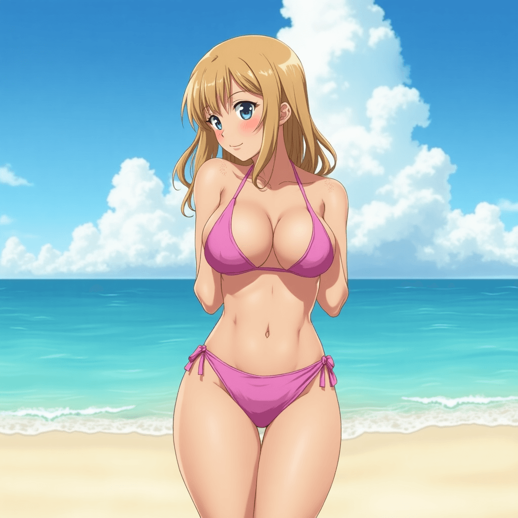 Anime Girl curvy body in a swimsuit and slim waist, flexible, voluptuous breasts and buttocks 18+