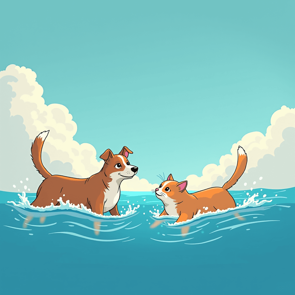 a cat and a dog swimming in the sky