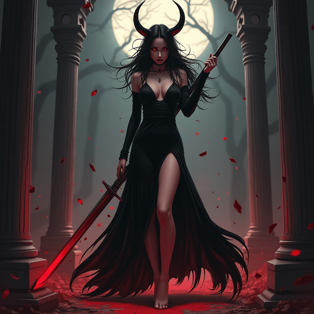 professional photograph shot on Canon EOS R6, moody lighting, 80mm, demoness, 1 demon girl, evil hair, [sexy evil bodysuit:evil long black dress:20], underboob, natural breasts, demon palace, hell palace, scenery, full body shot, tall girl, slim girl, barefoot, wind, leaves, By art germ, evil pose, evil, evil outfit, demon, (dominant :1), holding a longsword, (evil longsword:1.2), demon skin, evil lighting, (pov from beneath:1), (very detailed sword:1)