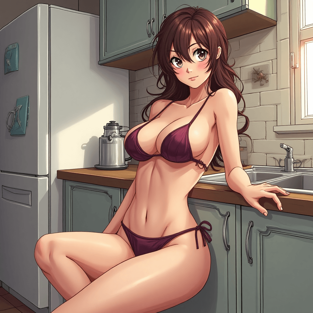 Elaina in bikini opening her legs at kitchen corner