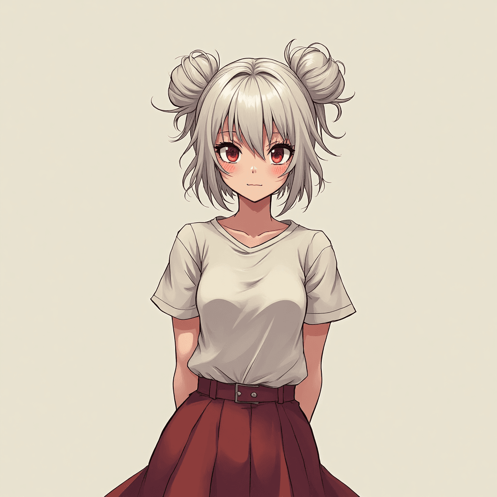 1girl,skinny waist,white hair,tired,tall,mid 20s,red eye,messy bun hair,8k,full detail,pretty,cell shade