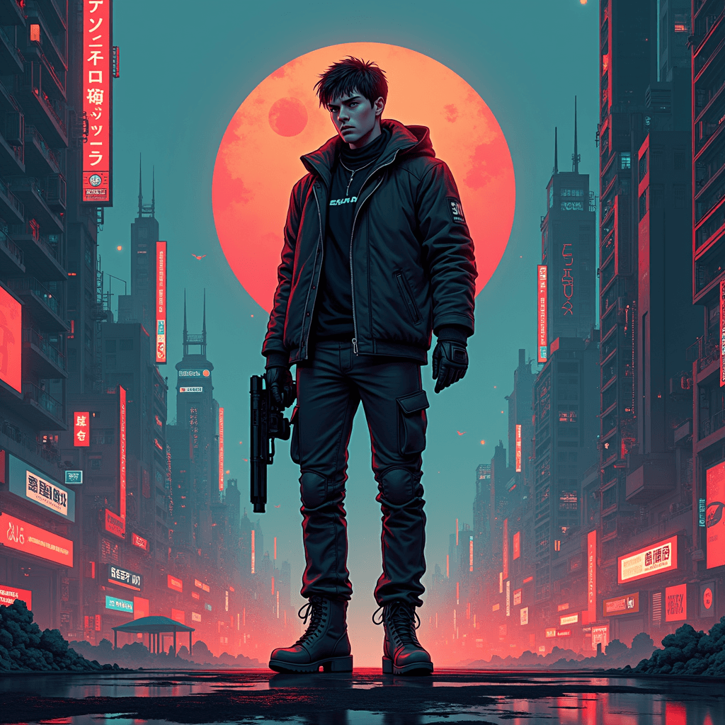 A Blade Runner stands in a futuristic world of cyberpunk