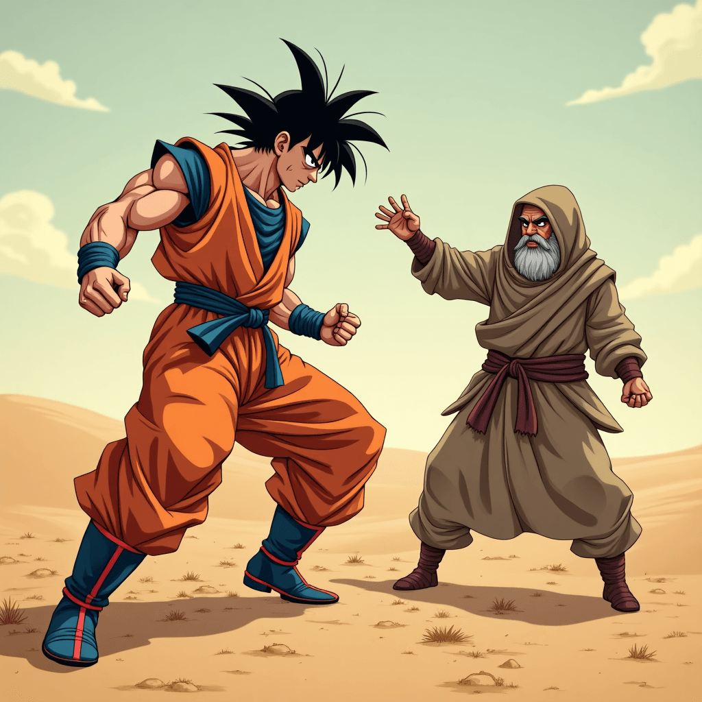 man dressed as goku in the dessert fighting someone homeless