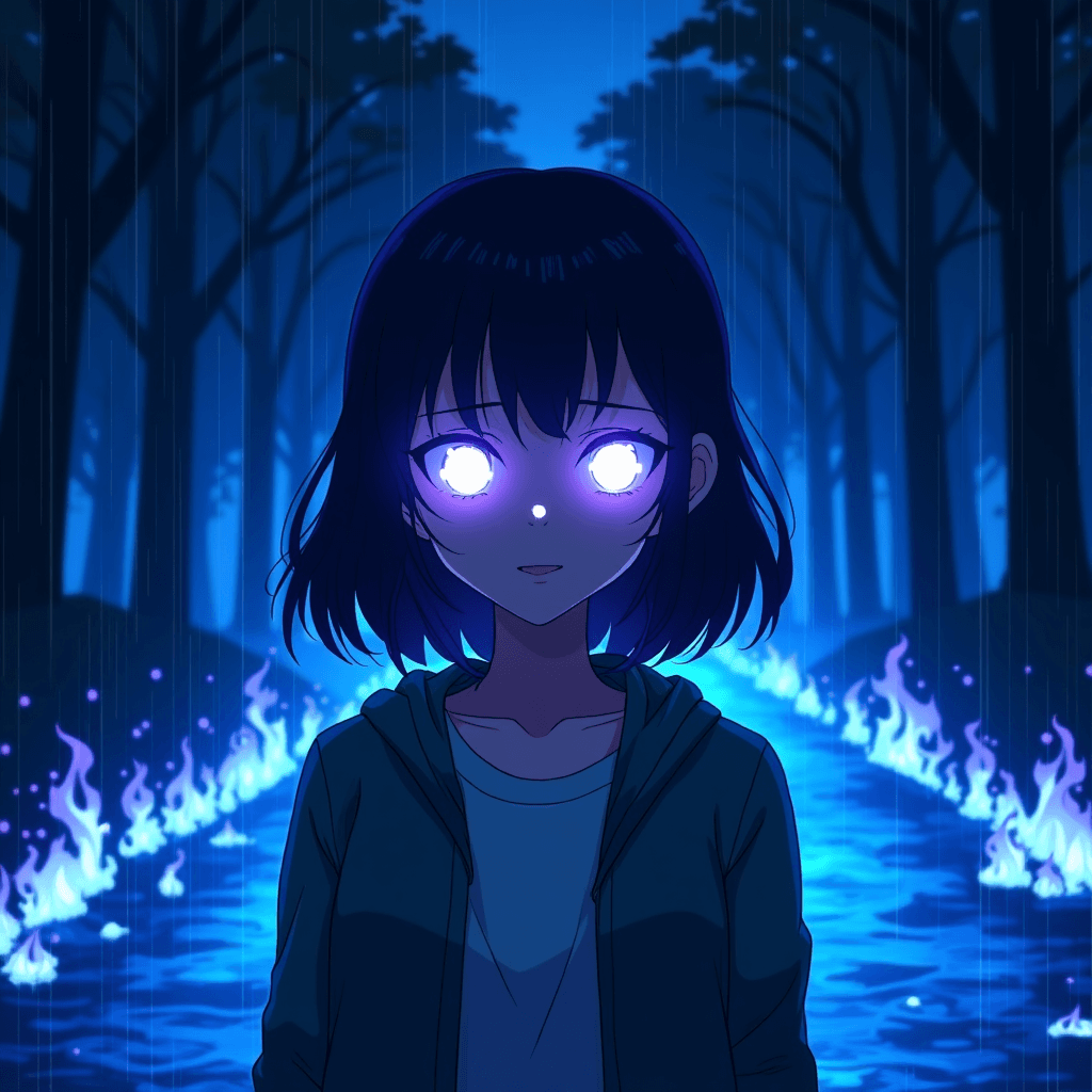 A 2D Anime illustration of a energetic dark lighted anime girl with glowing eyes. In the background are forest road and rain blue-purple rainy flames , with a blue-purple rainy color gradient , many particles and effects. The image has a blue-purple rainy color palette, image was happy and some depressed. The image is for a energetic Brazilian Phonk Song Cover. The art style is a 2D Anime Illustration / Artwork that has a clean rendering, is detailed, is a screenshot from an Anime and is drawn digitally