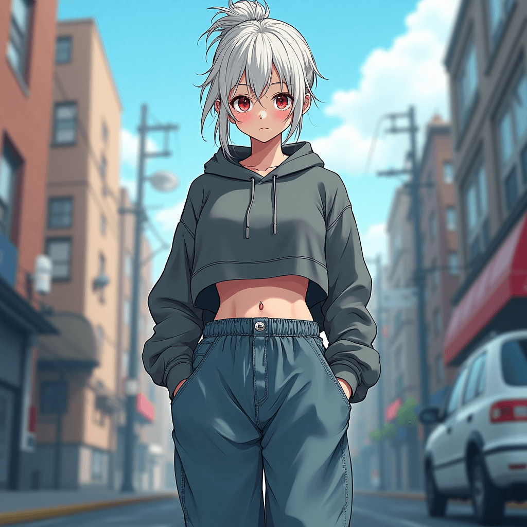 (1girl), (solo), (tall woman), (mid 20s), (slim waist), (mature body), (long legs), (athletic build), (adult proportions), (natural bust), (mature face), (tired red eyes), (pale skin), (white messy hair), (messy bun), (pretty), (soft jawline), (cropped hoodie), (baggy pants), (bare midriff), (modern streetwear), (confident expression), (hands in pockets), (full body), (standing pose), (anime style), (cell shaded), (8k), (ultra detailed), (high resolution), (sharp lineart), (soft shadows), (dynamic lighting), (realistic anatomy), (no child), (no loli), (no small body), (no flat chest), (no chibi), (mature look), (young adult), (urban background), (cool color palette), (cinematic lighting), (vibrant colors)