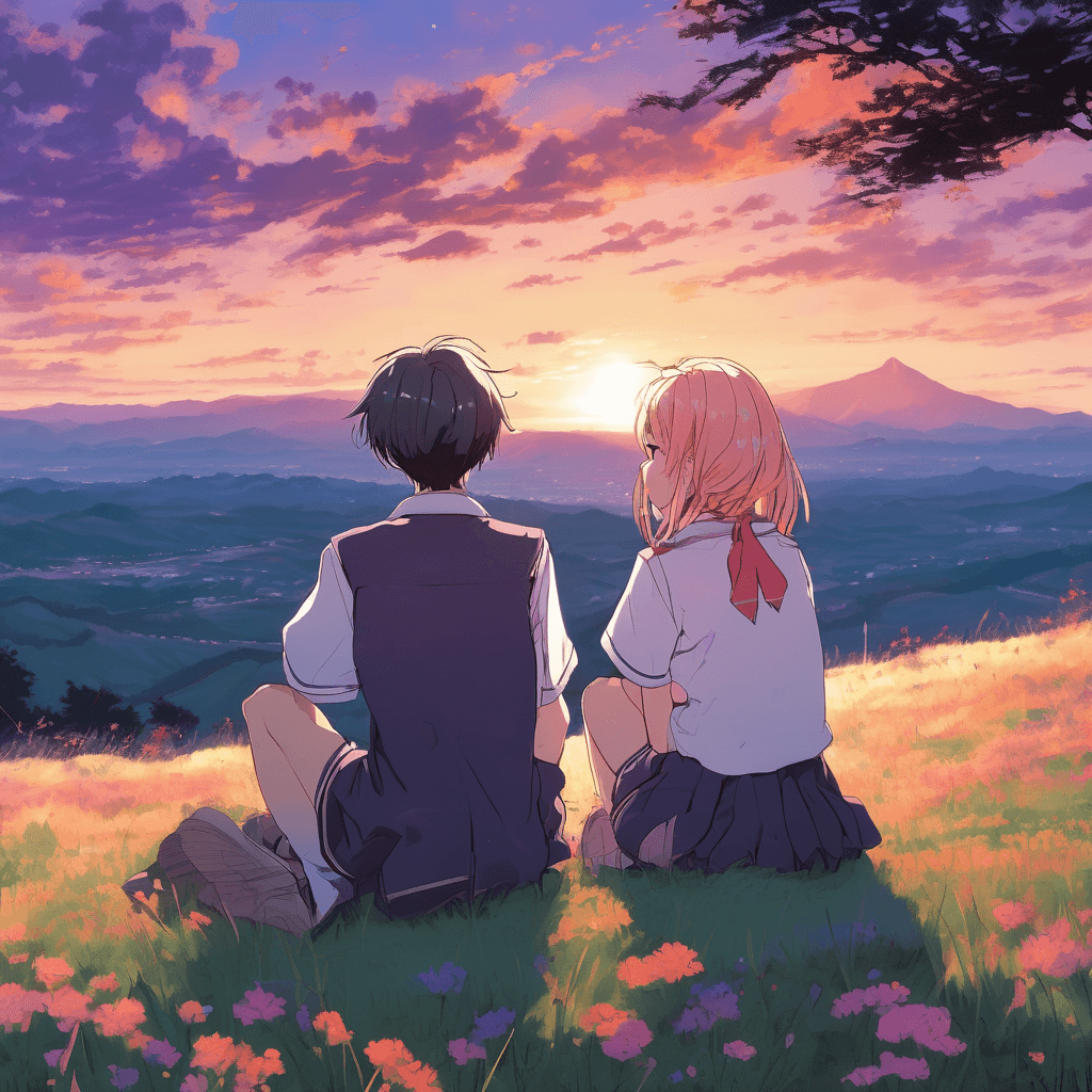 Two high school classmates sit together on a grassy hill overlooking a picturesque sunset. They are wearing their school uniforms, and their hands are gently intertwined. The horizon is painted with vibrant hues of orange, pink, and purple as the sun sets behind distant mountains. A gentle breeze rustles the leaves of nearby trees, and wildflowers dot the landscape around them. The scene captures a tender moment of young love, framed by the beauty of nature and the serene evening sky.